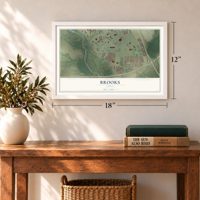 Brooks, Texas map, 12 x 18 inch print in a white frame in an entryway
