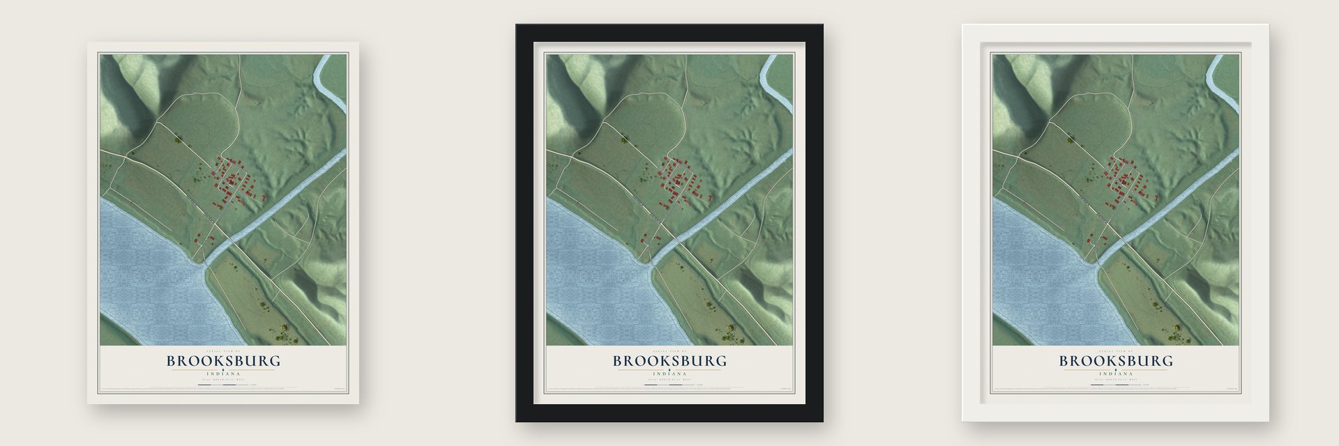 Brooksburg, Indiana map unframed, in a black wood frame and in a white wood frame