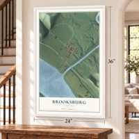 Brooksburg, Indiana map, 24 x 36 inch print in a white frame by a staircase
