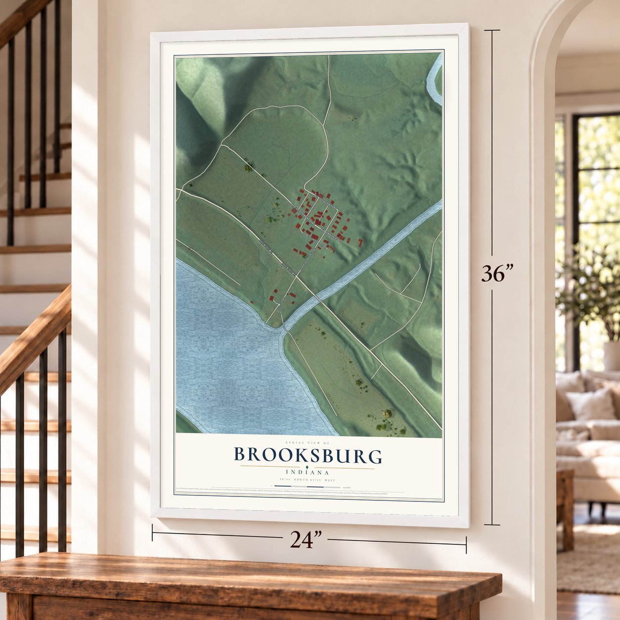 Brooksburg, Indiana map, 24 x 36 inch print in a white frame by a staircase
