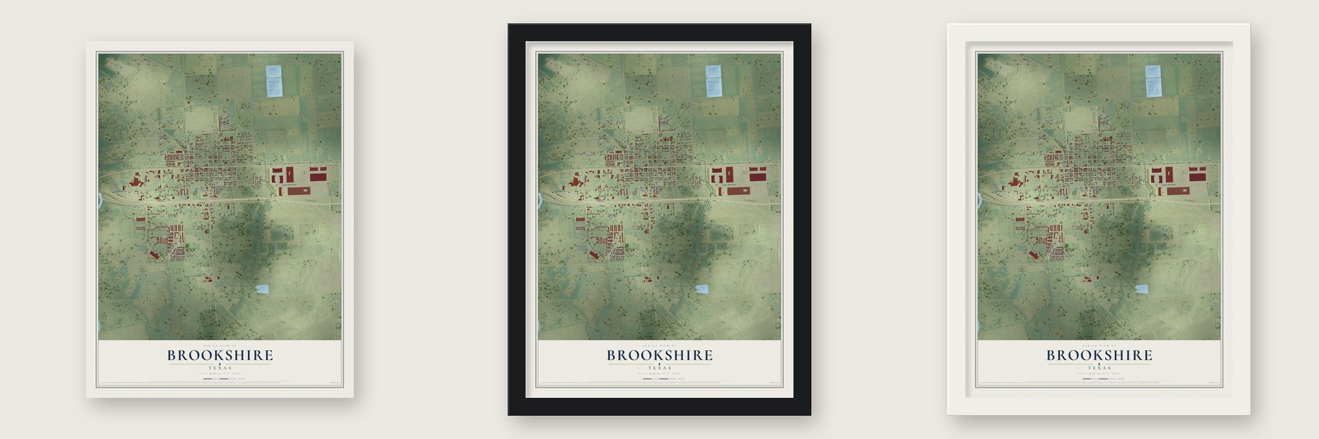 Brookshire, Texas map unframed, in a black wood frame and in a white wood frame