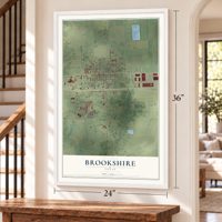 Brookshire, Texas map, 24 x 36 inch print in a white frame by a staircase