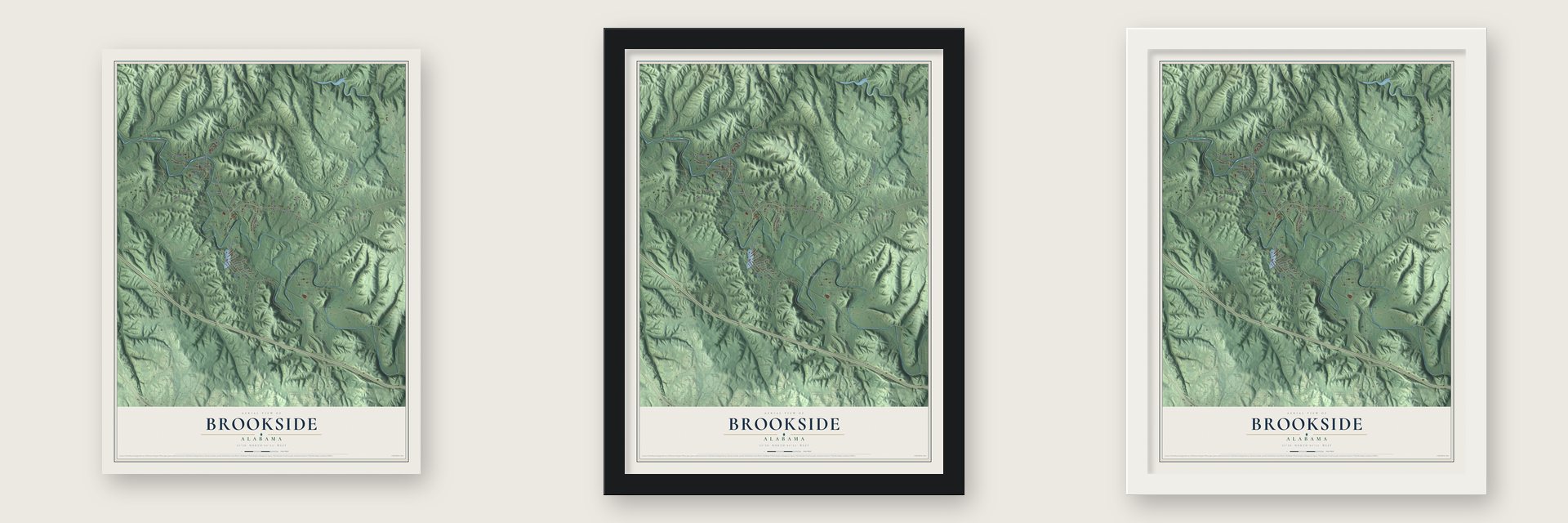 Brookside, Alabama map unframed, in a black wood frame and in a white wood frame
