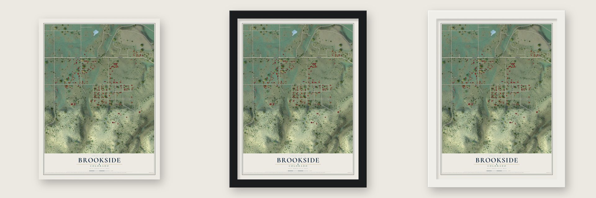 Brookside, Colorado map unframed, in a black wood frame and in a white wood frame