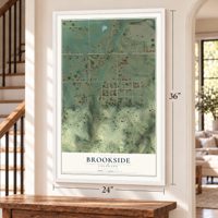 Brookside, Colorado map, 24 x 36 inch print in a white frame by a staircase