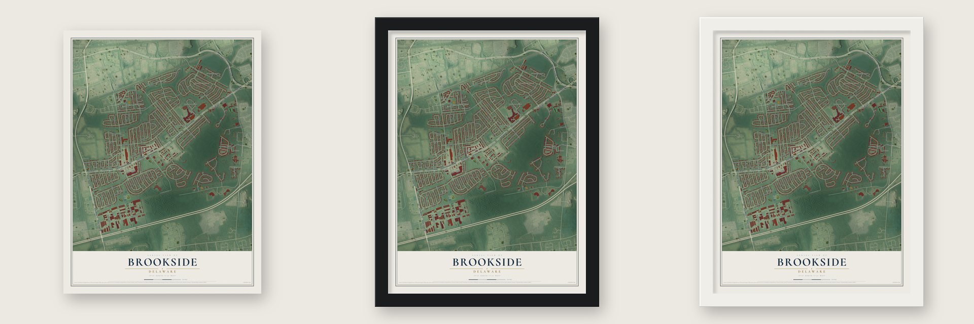 Brookside, Delaware map unframed, in a black wood frame and in a white wood frame
