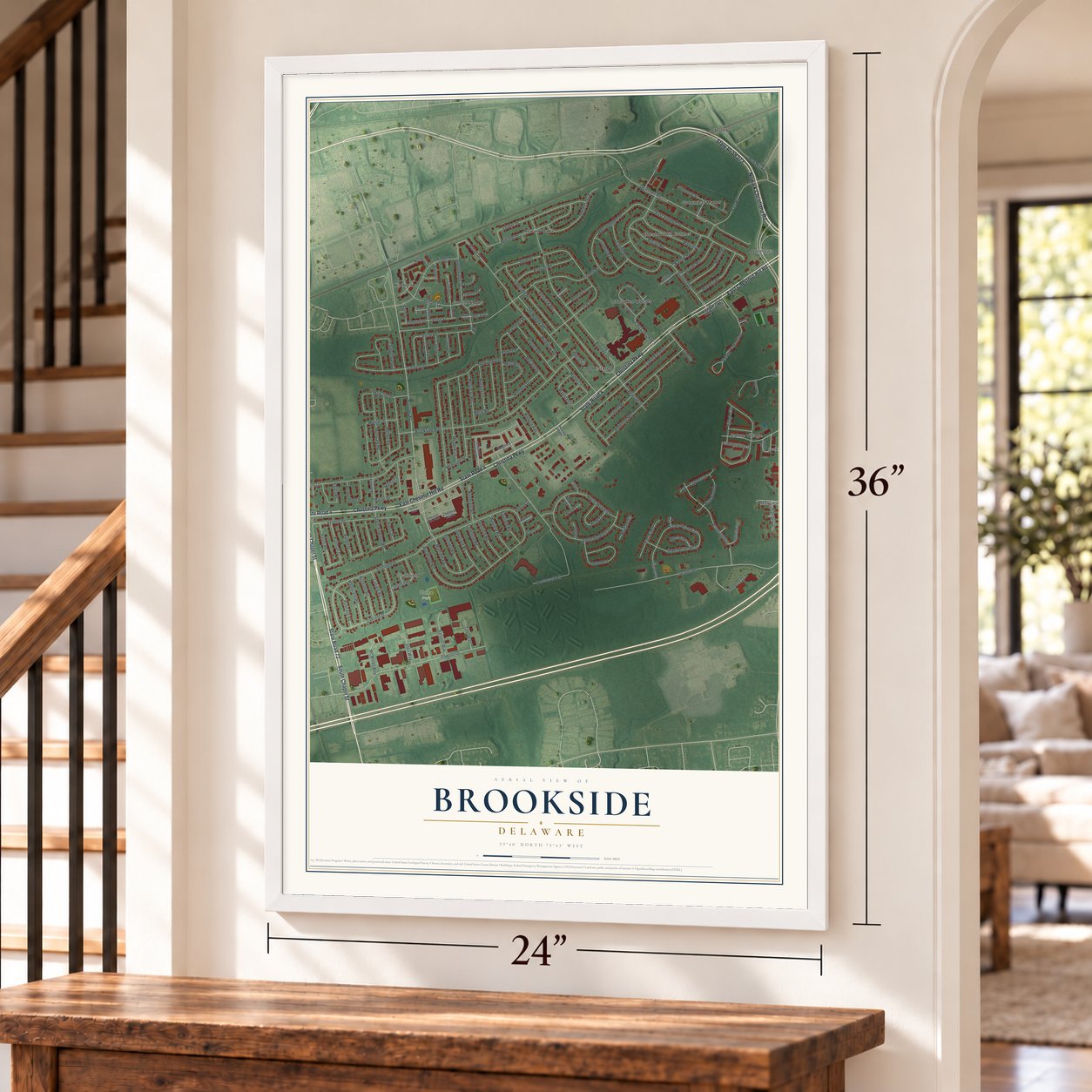 Brookside, Delaware map, 24 x 36 inch print in a white frame by a staircase