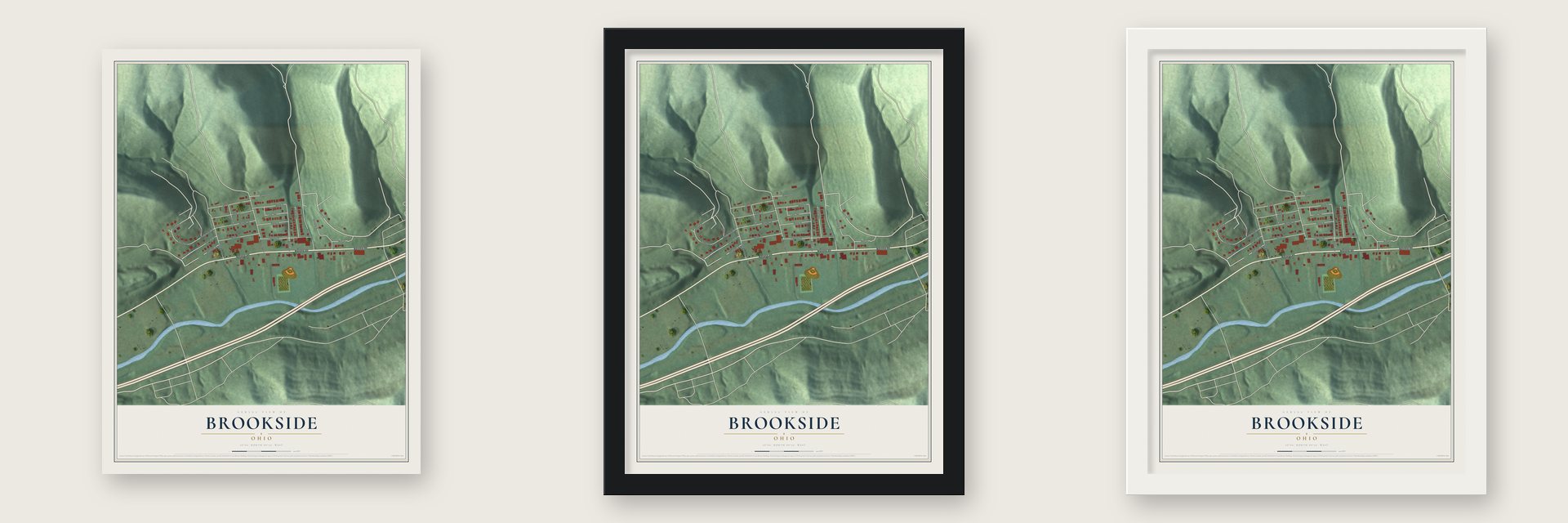 Brookside, Ohio map unframed, in a black wood frame and in a white wood frame