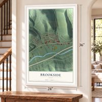Brookside, Ohio map, 24 x 36 inch print in a white frame by a staircase