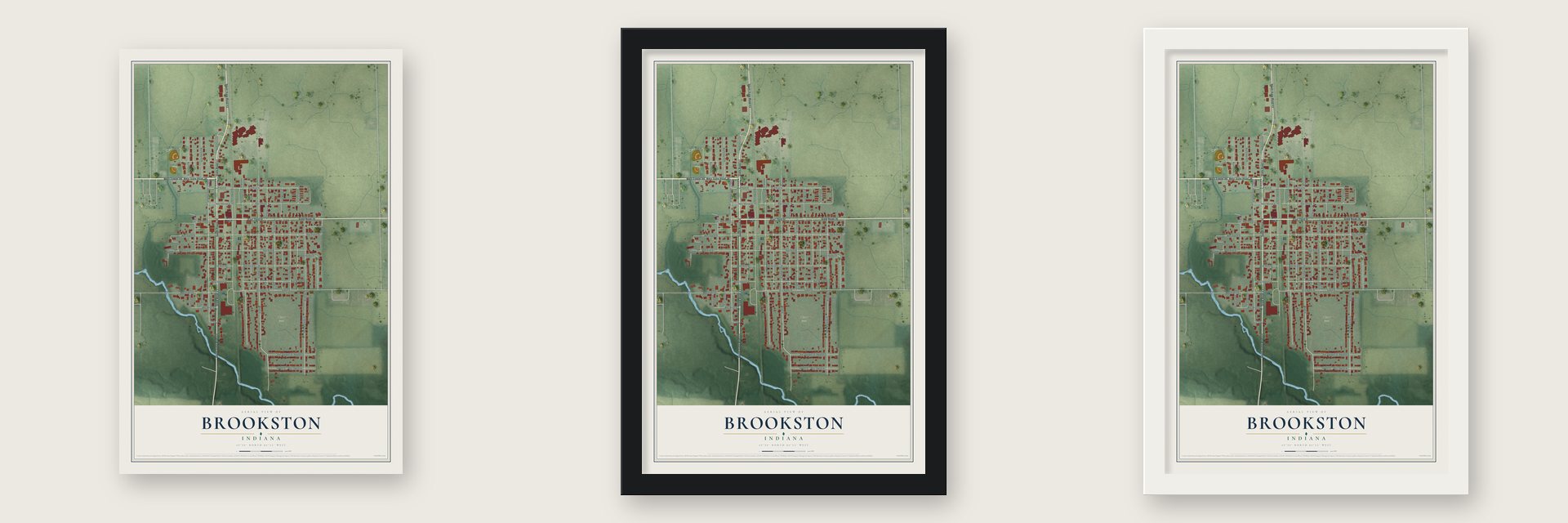 Brookston, Indiana map unframed, in a black wood frame and in a white wood frame