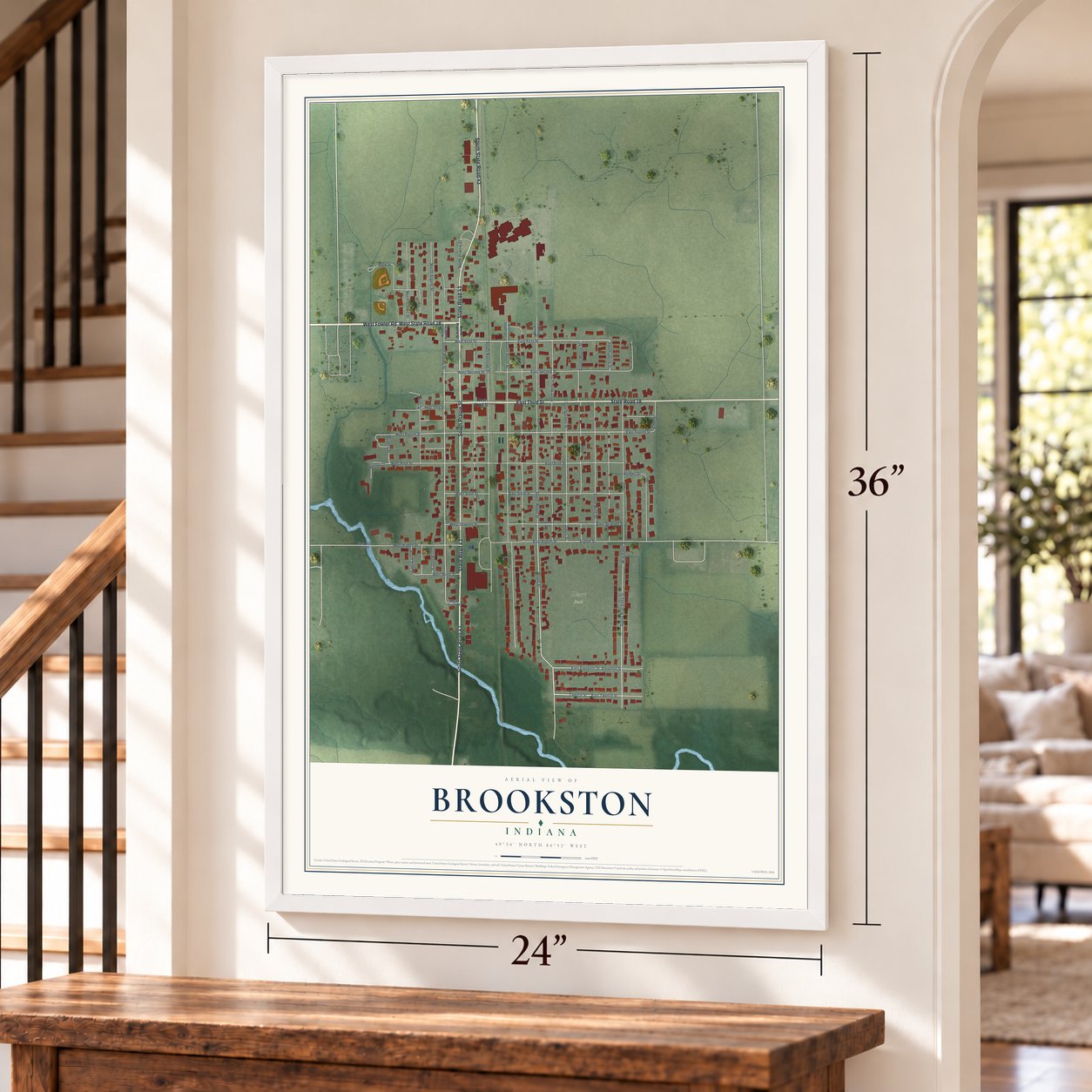 Brookston, Indiana map, 24 x 36 inch print in a white frame by a staircase