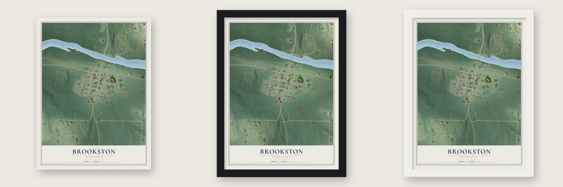 Brookston, Minnesota map unframed, in a black wood frame and in a white wood frame