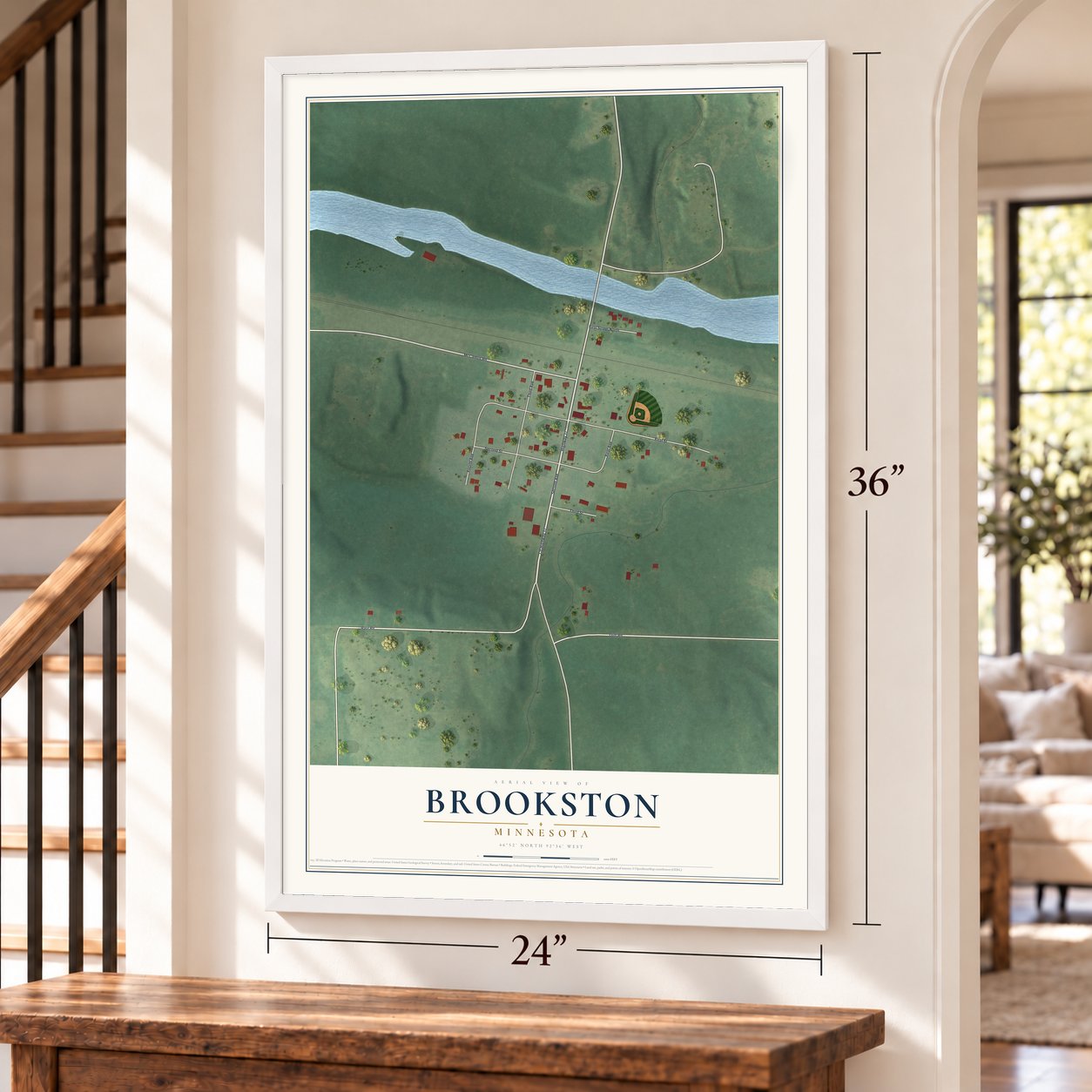 Brookston, Minnesota map, 24 x 36 inch print in a white frame by a staircase