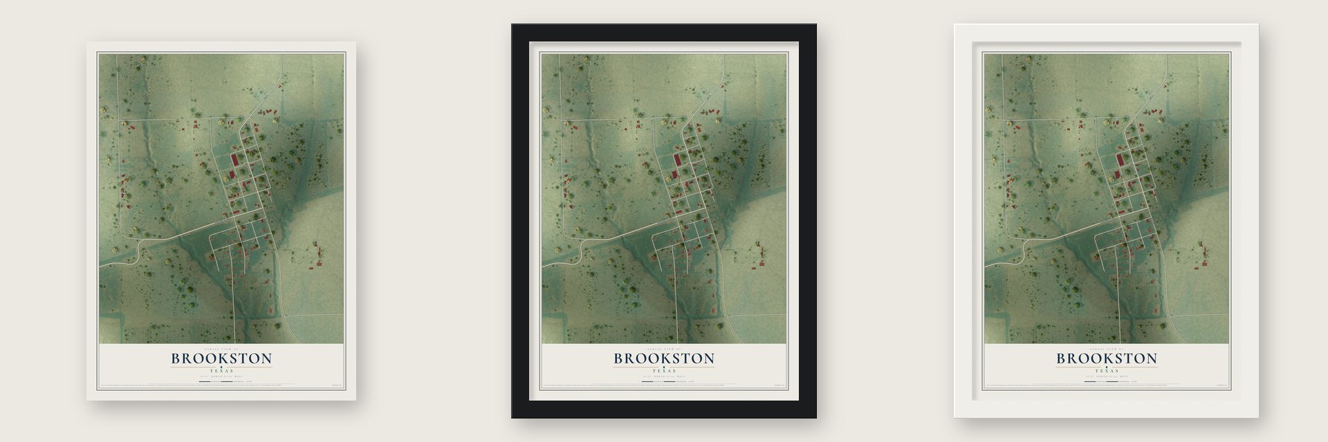 Brookston, Texas map unframed, in a black wood frame and in a white wood frame
