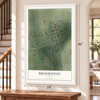 Brookston, Texas map, 24 x 36 inch print in a white frame by a staircase