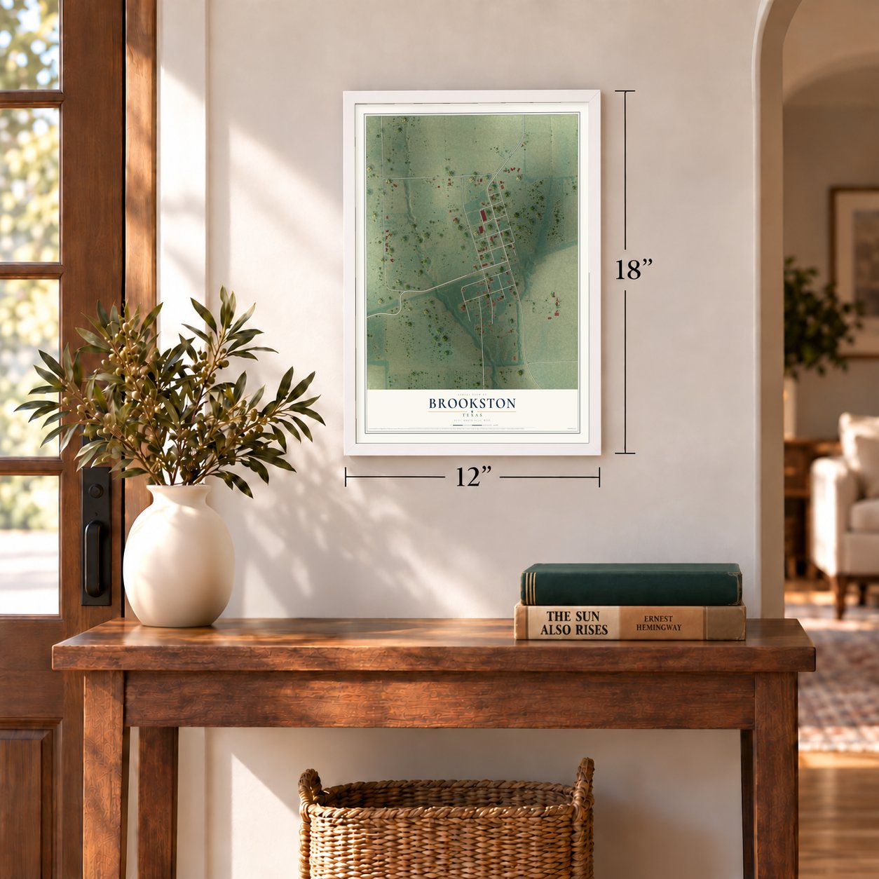 Brookston, Texas map, 12 x 18 inch print in a white frame in an entryway