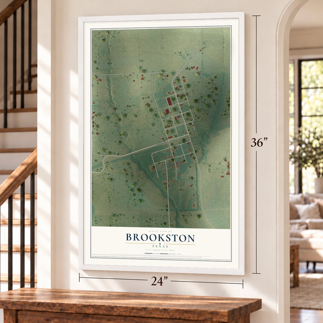 Brookston, Texas map, 24 x 36 inch print in a white frame by a staircase
