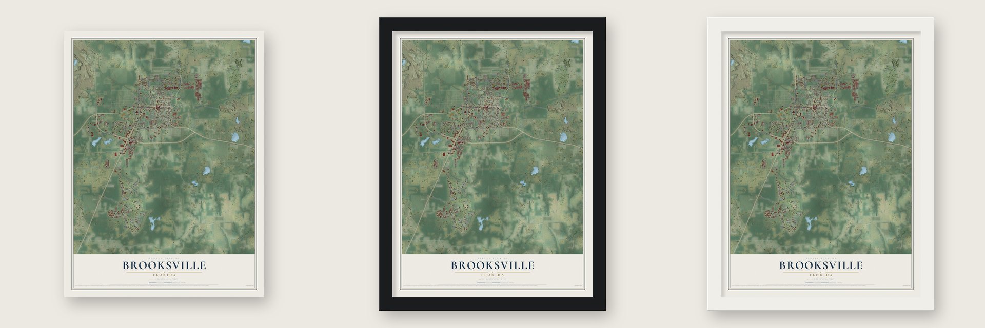 Brooksville, Florida map unframed, in a black wood frame and in a white wood frame