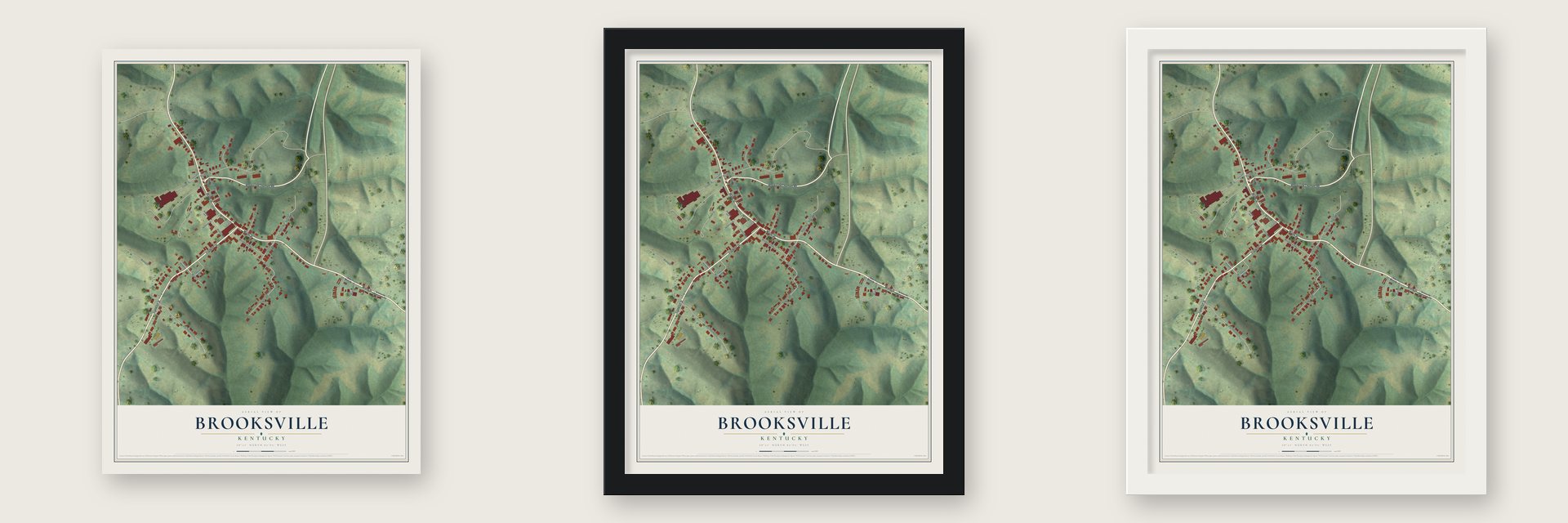 Brooksville, Kentucky map unframed, in a black wood frame and in a white wood frame