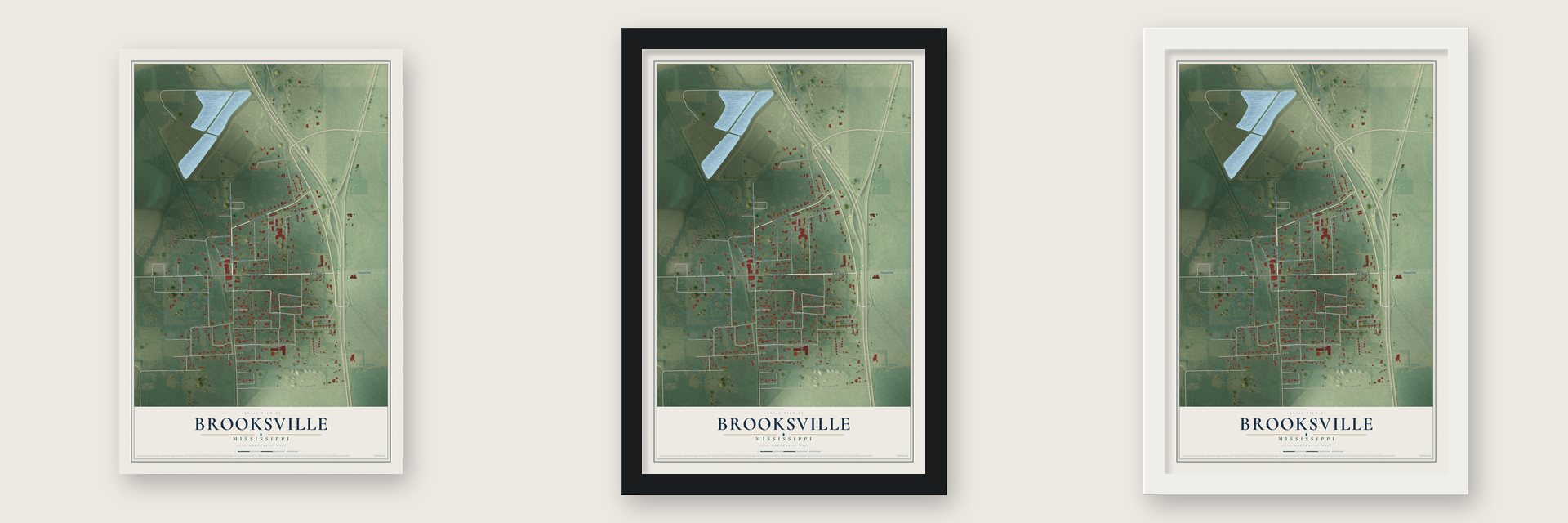 Brooksville, Mississippi map unframed, in a black wood frame and in a white wood frame