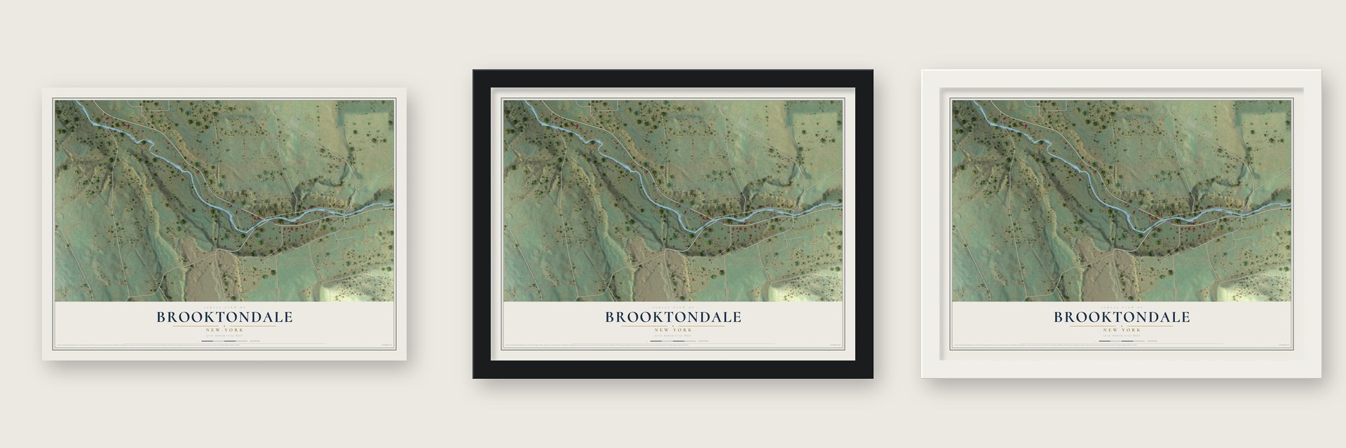 Brooktondale, New York map unframed, in a black wood frame and in a white wood frame