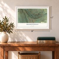 Brooktondale, New York map, 12 x 18 inch print in a white frame in an entryway