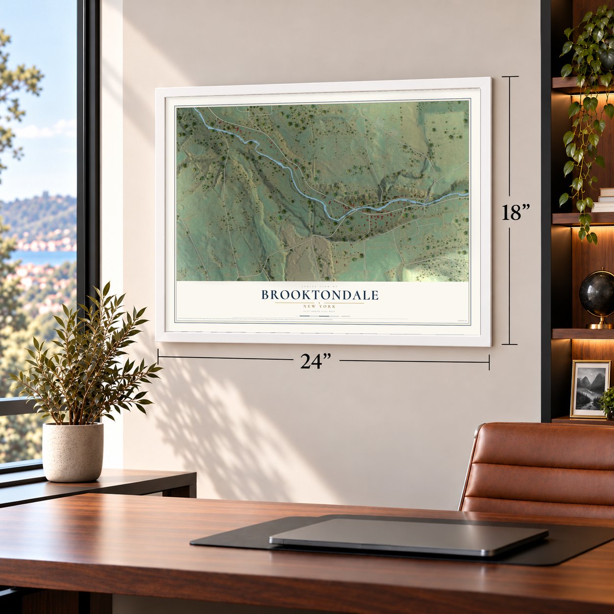 Brooktondale, New York map, 18 x 24 inch print in a white frame in a home office