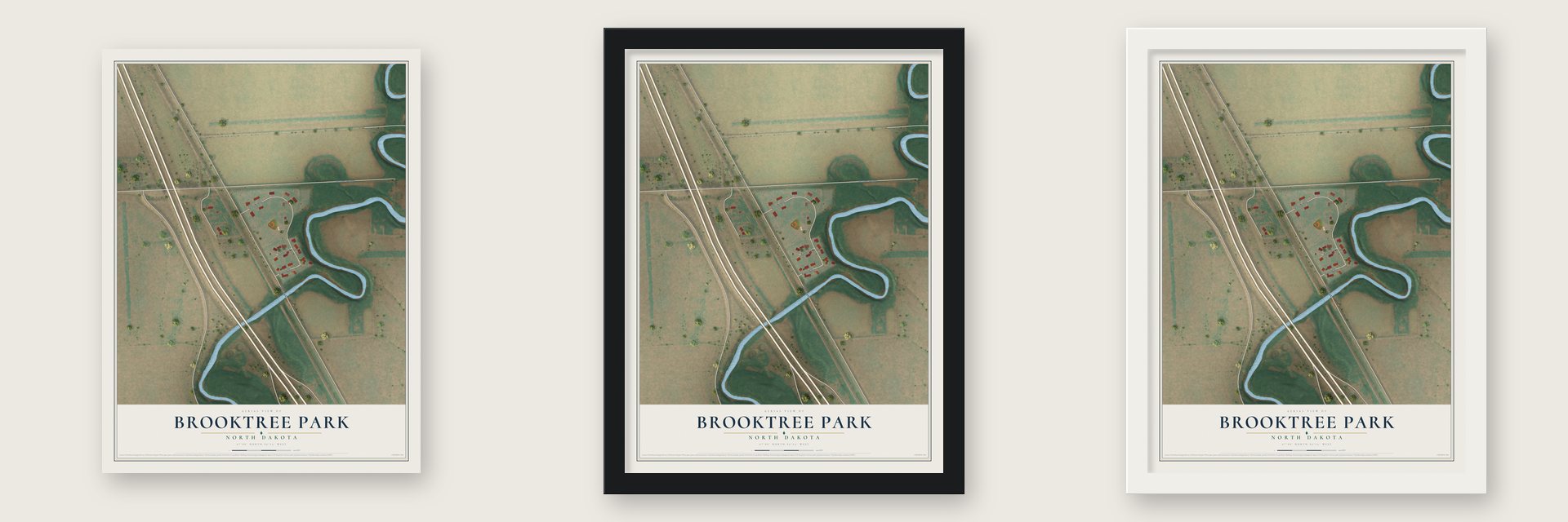 Brooktree Park, North Dakota map unframed, in a black wood frame and in a white wood frame