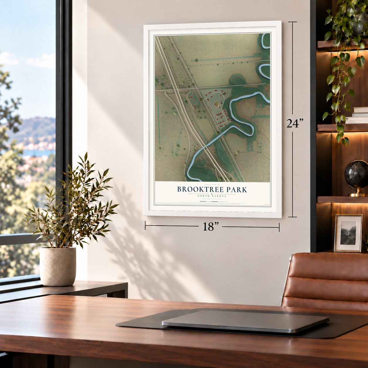 Brooktree Park, North Dakota map, 18 x 24 inch print in a white frame in a home office