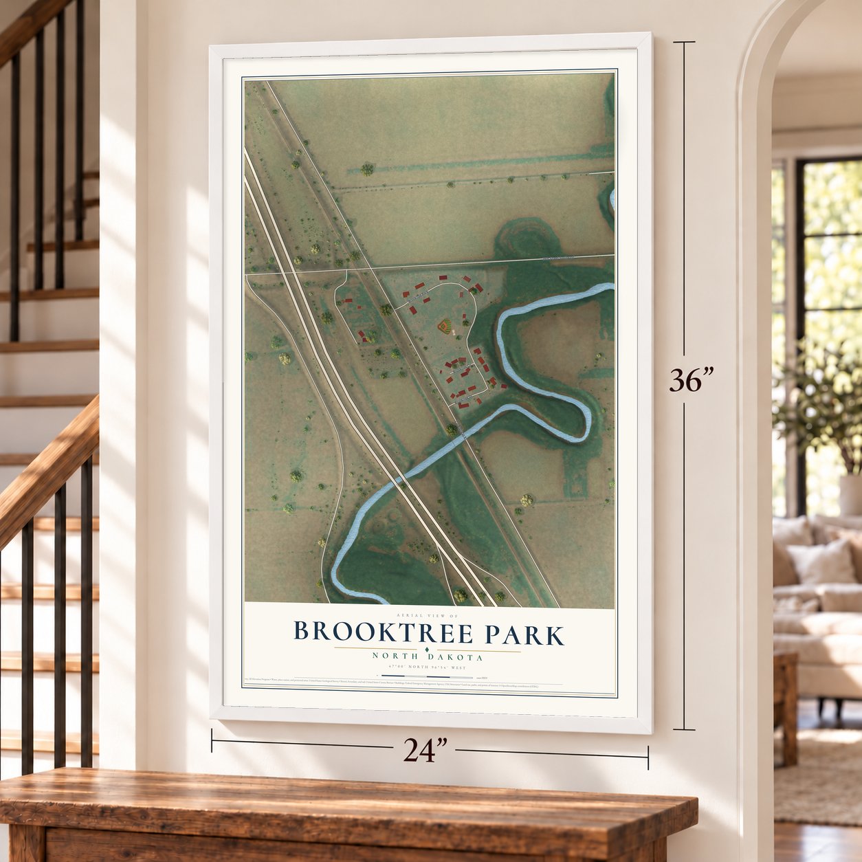 Brooktree Park, North Dakota map, 24 x 36 inch print in a white frame by a staircase
