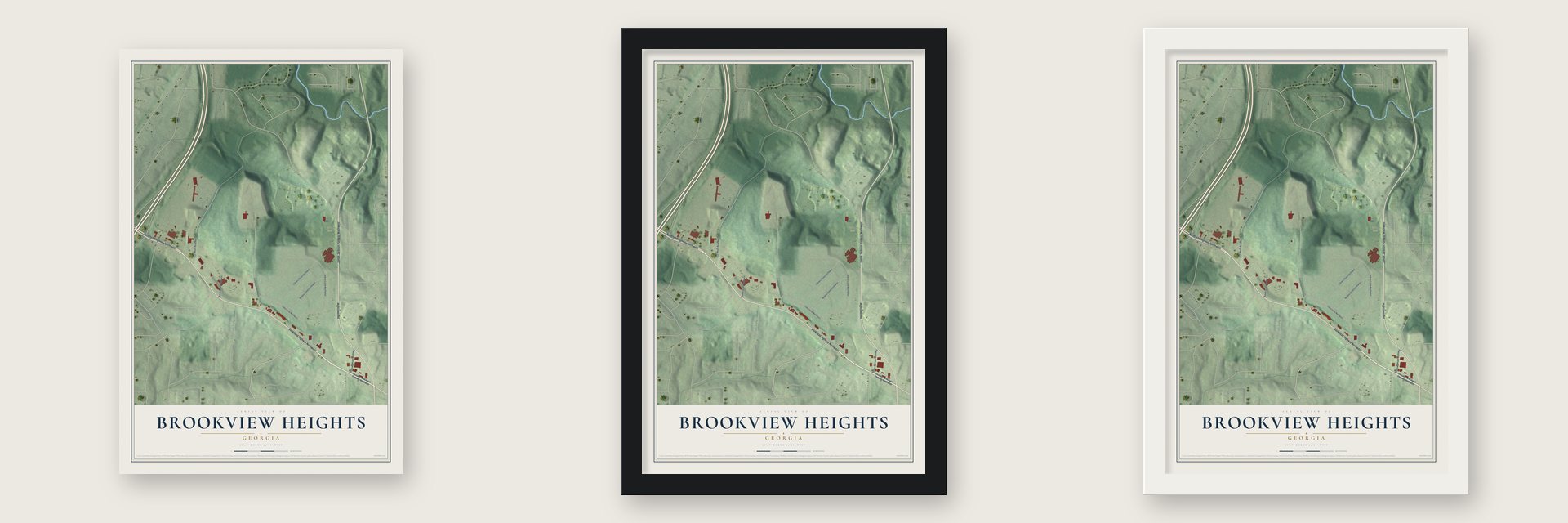 Brookview Heights, Georgia map unframed, in a black wood frame and in a white wood frame