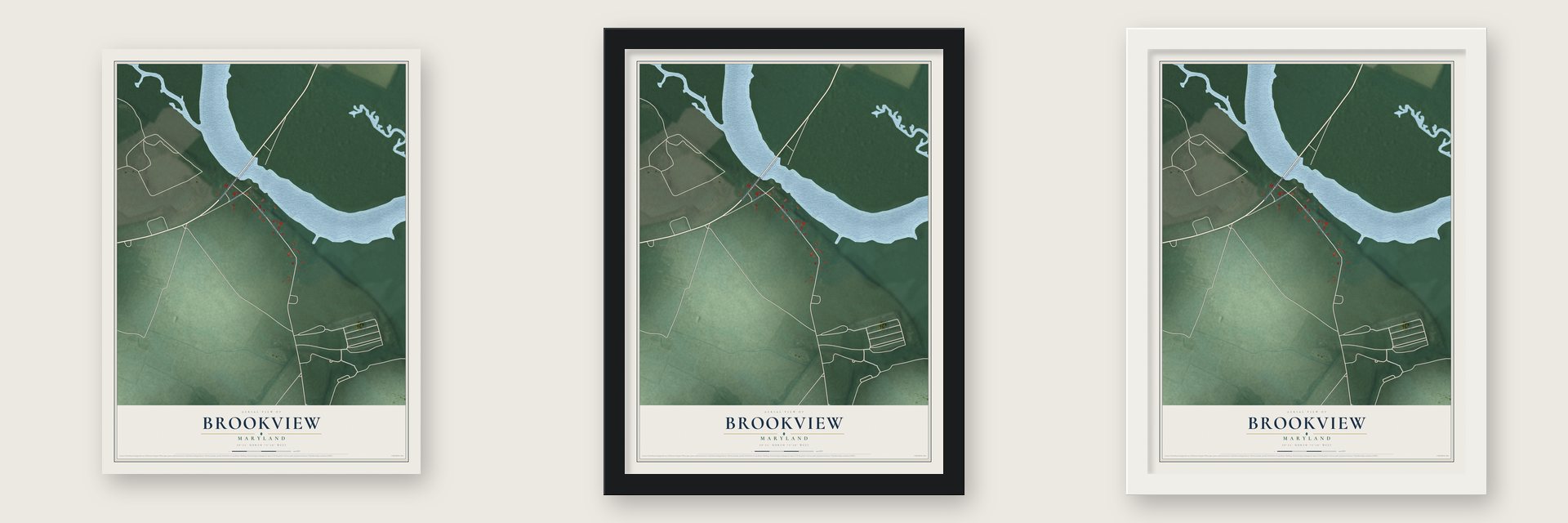 Brookview, Maryland map unframed, in a black wood frame and in a white wood frame