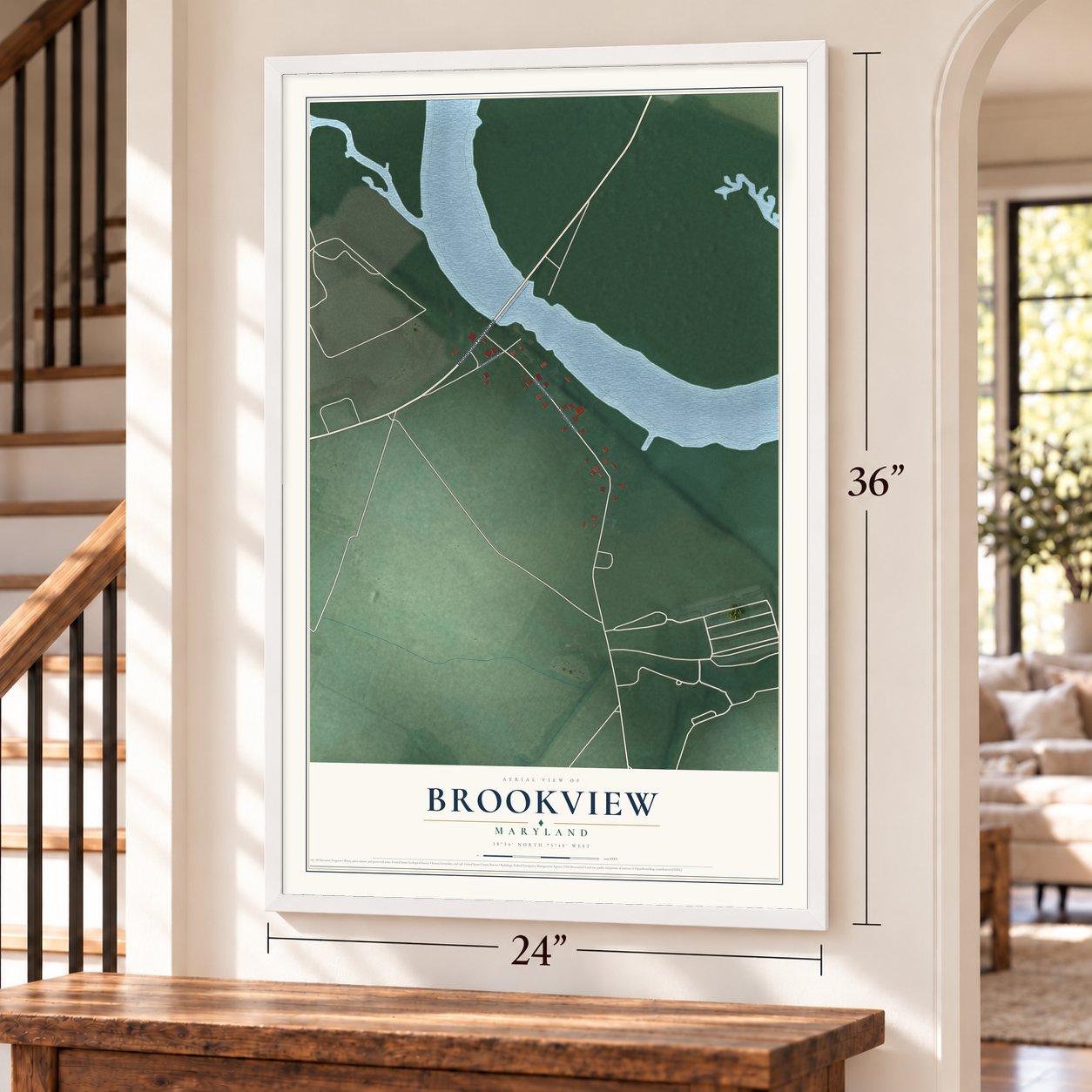 Brookview, Maryland map, 24 x 36 inch print in a white frame by a staircase