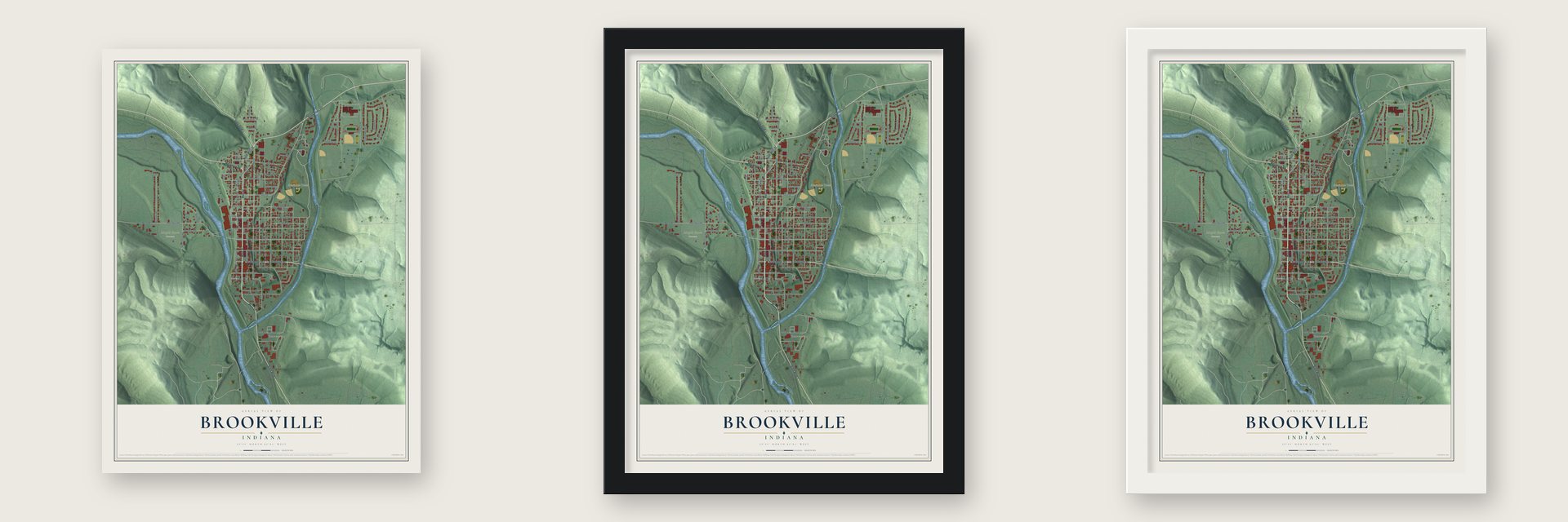 Brookville, Indiana map unframed, in a black wood frame and in a white wood frame