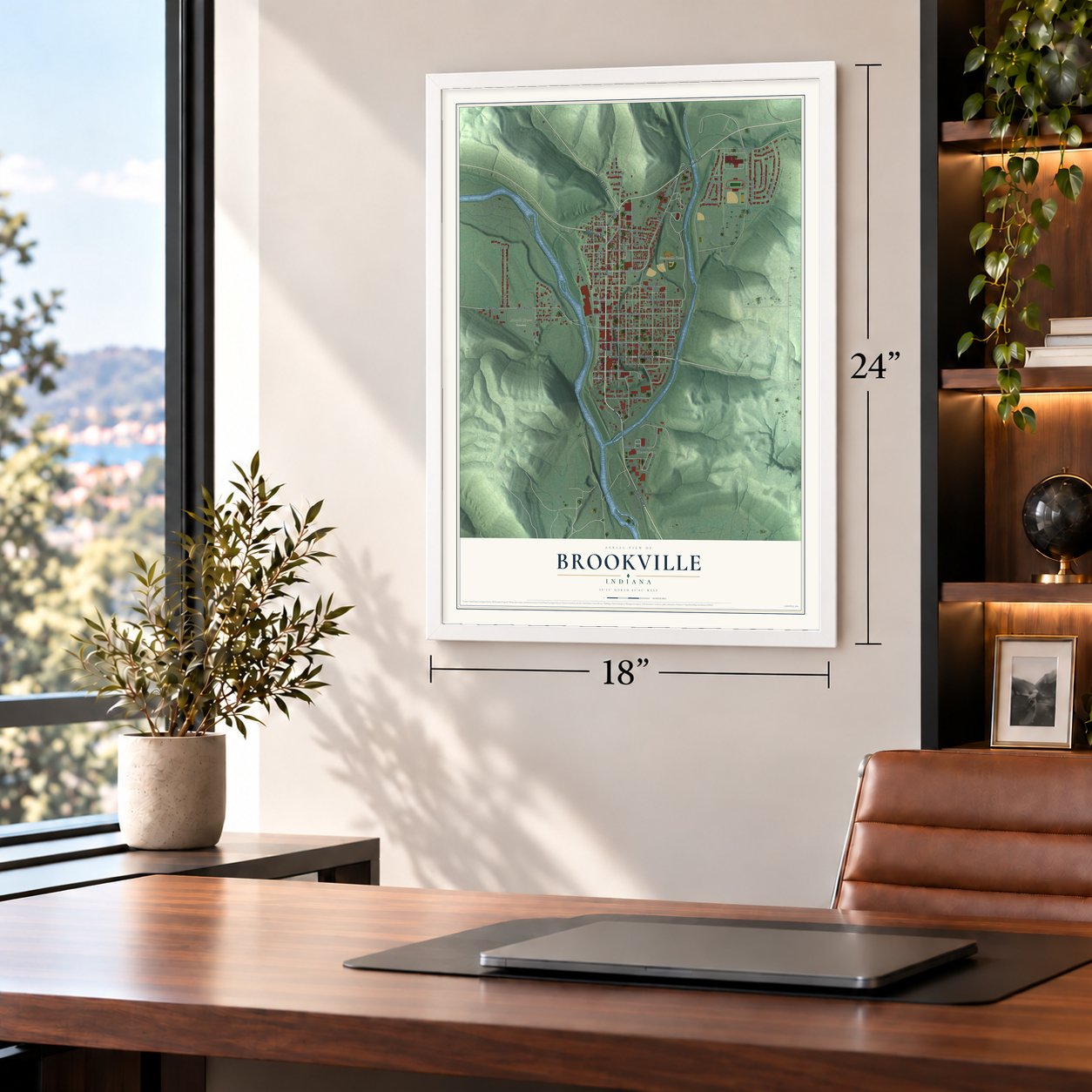 Brookville, Indiana map, 18 x 24 inch print in a white frame in a home office