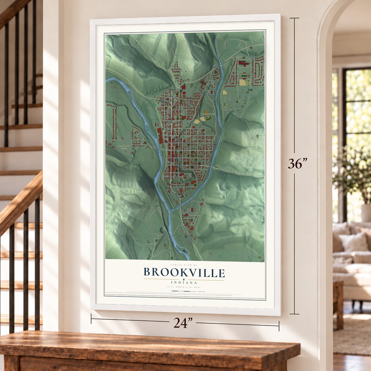 Brookville, Indiana map, 24 x 36 inch print in a white frame by a staircase
