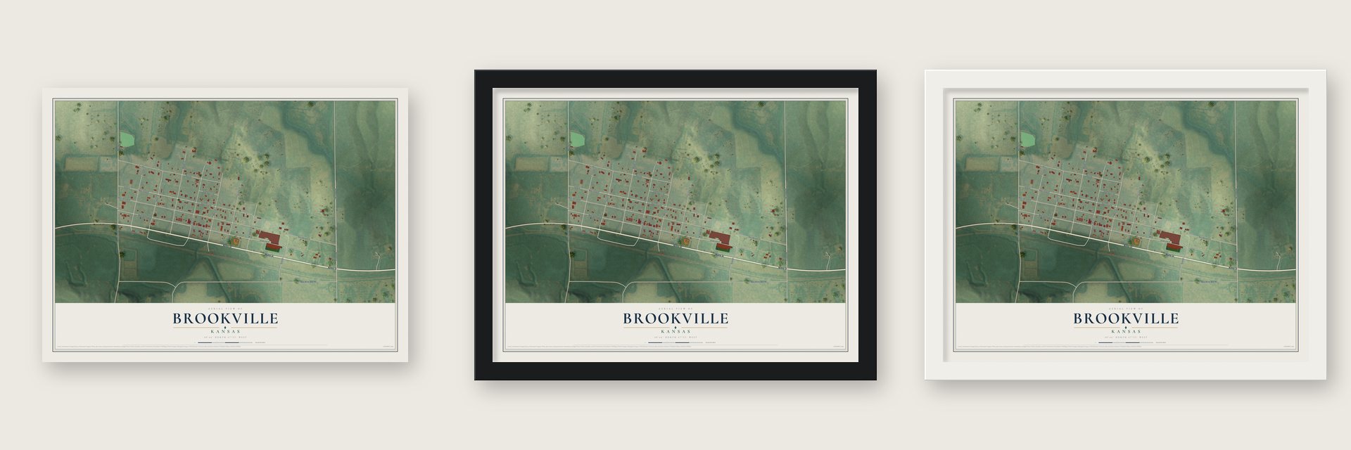 Brookville, Kansas map unframed, in a black wood frame and in a white wood frame