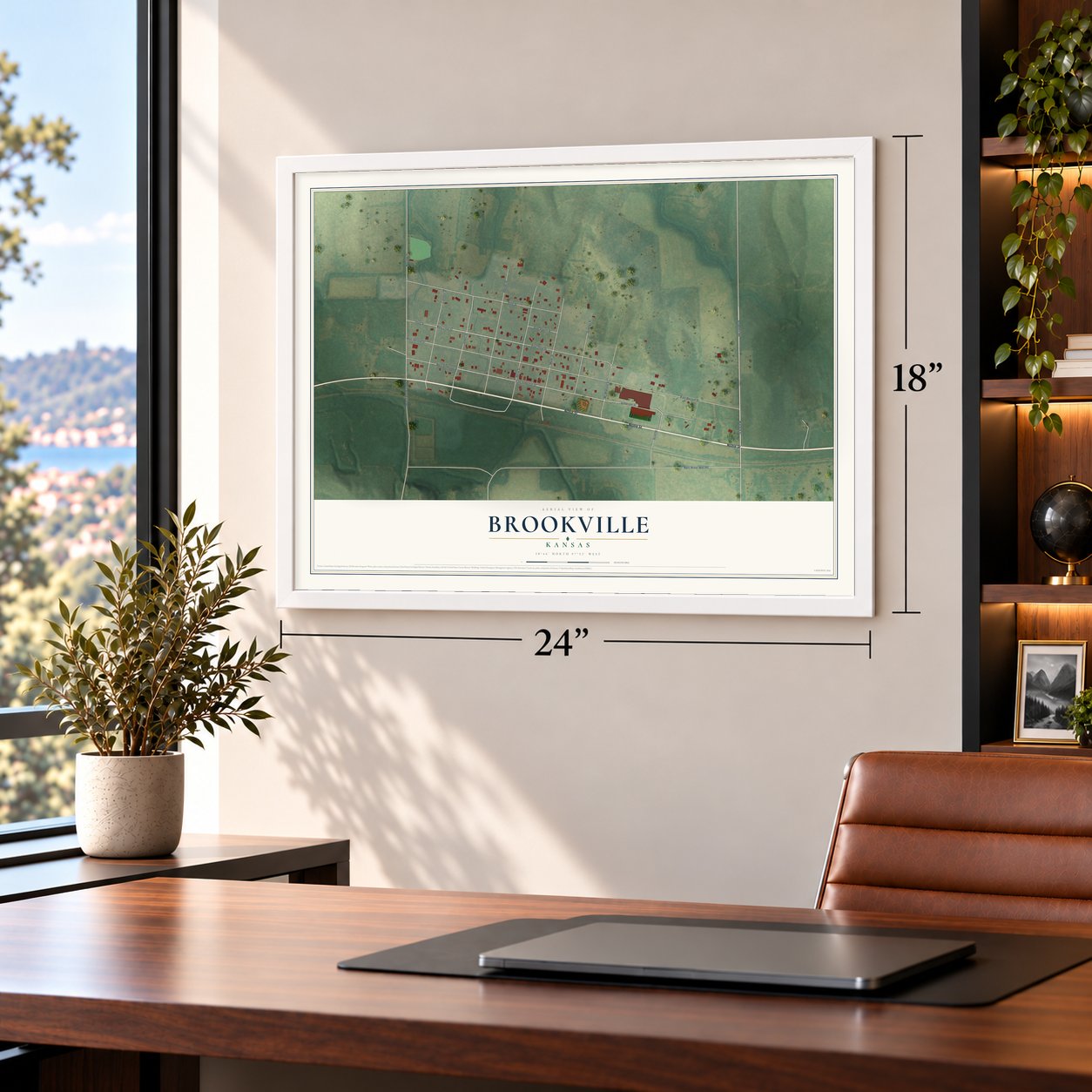 Brookville, Kansas map, 18 x 24 inch print in a white frame in a home office