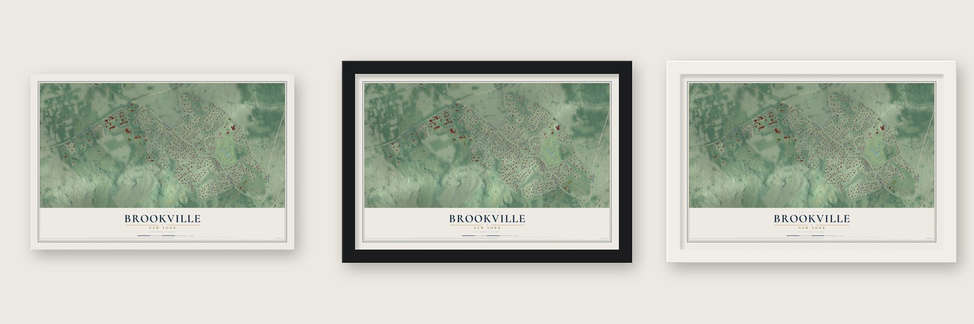 Brookville, New York map unframed, in a black wood frame and in a white wood frame