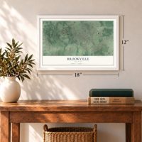 Brookville, New York map, 12 x 18 inch print in a white frame in an entryway
