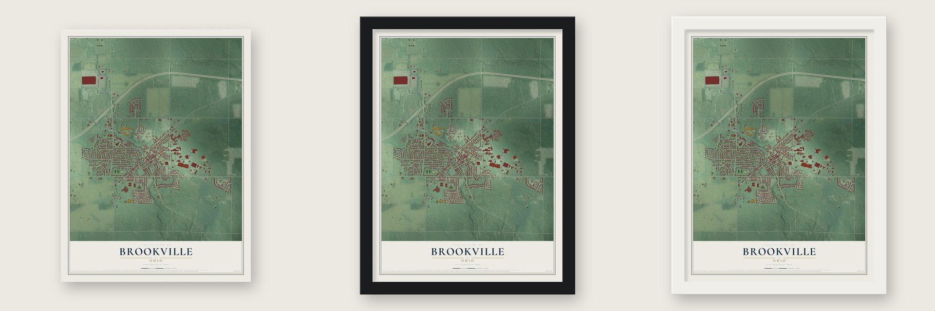 Brookville, Ohio map unframed, in a black wood frame and in a white wood frame