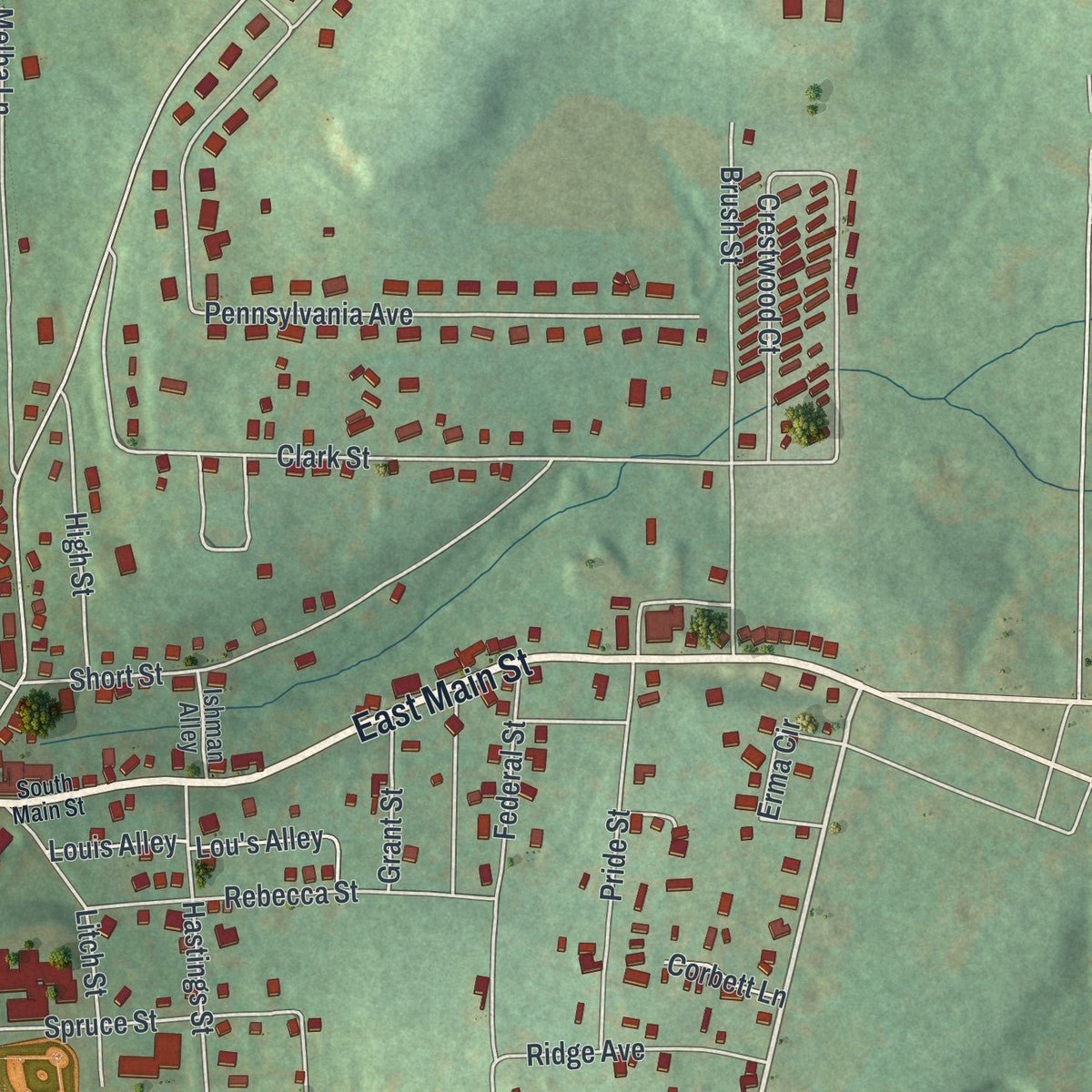 Second close-up of the map of Brookville, Pennsylvania print showing more streets and buildings