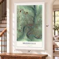 Brookville, Pennsylvania map, 24 x 36 inch print in a white frame by a staircase