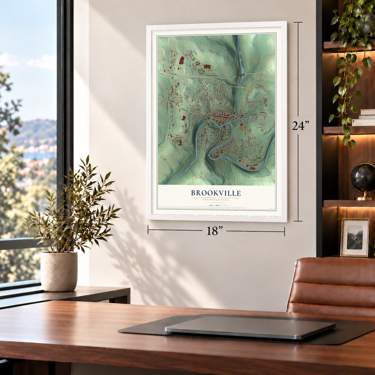 Brookville, Pennsylvania map, 18 x 24 inch print in a white frame in a home office