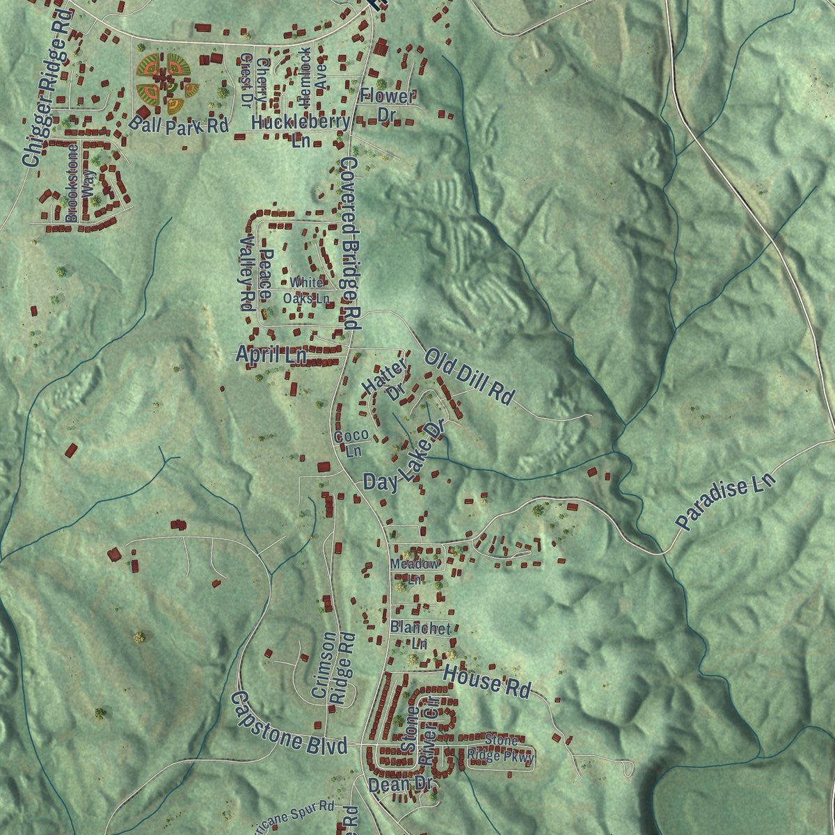 Second close-up of the map of Brookwood, Alabama print showing more streets and buildings