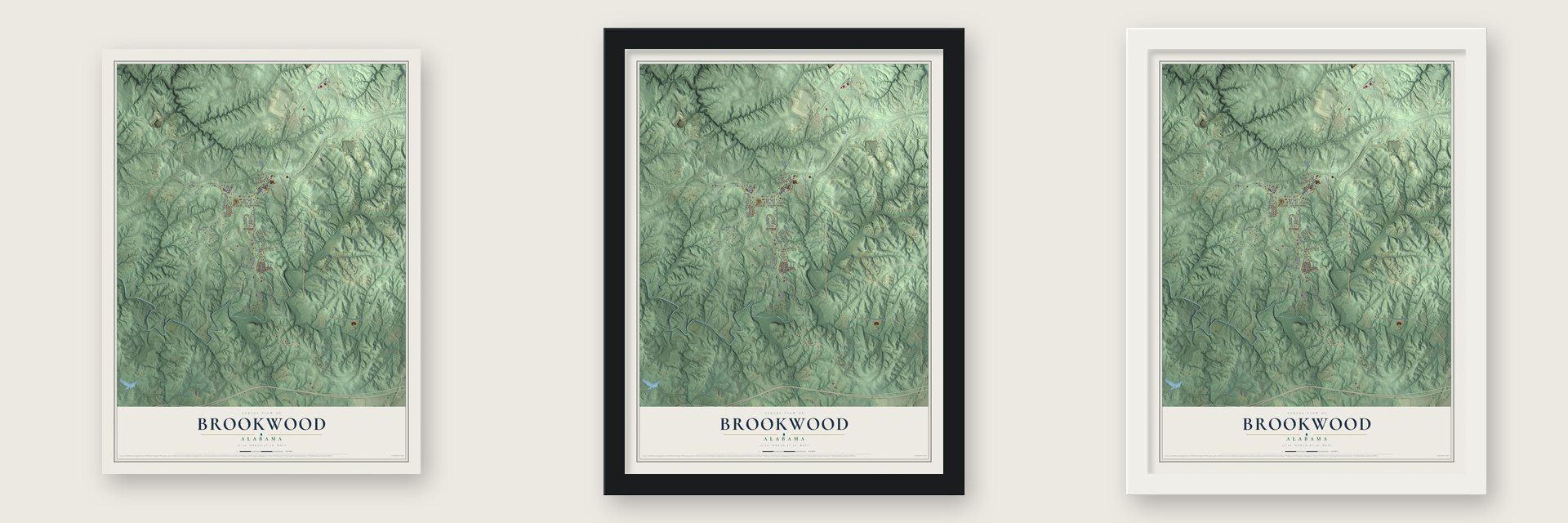 Brookwood, Alabama map unframed, in a black wood frame and in a white wood frame