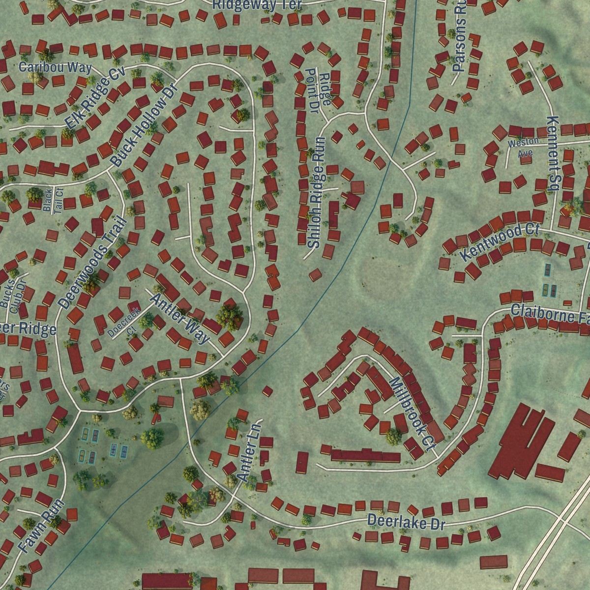 Second close-up of the map of Brookwood, Forsyth County, Georgia print showing more streets and buildings