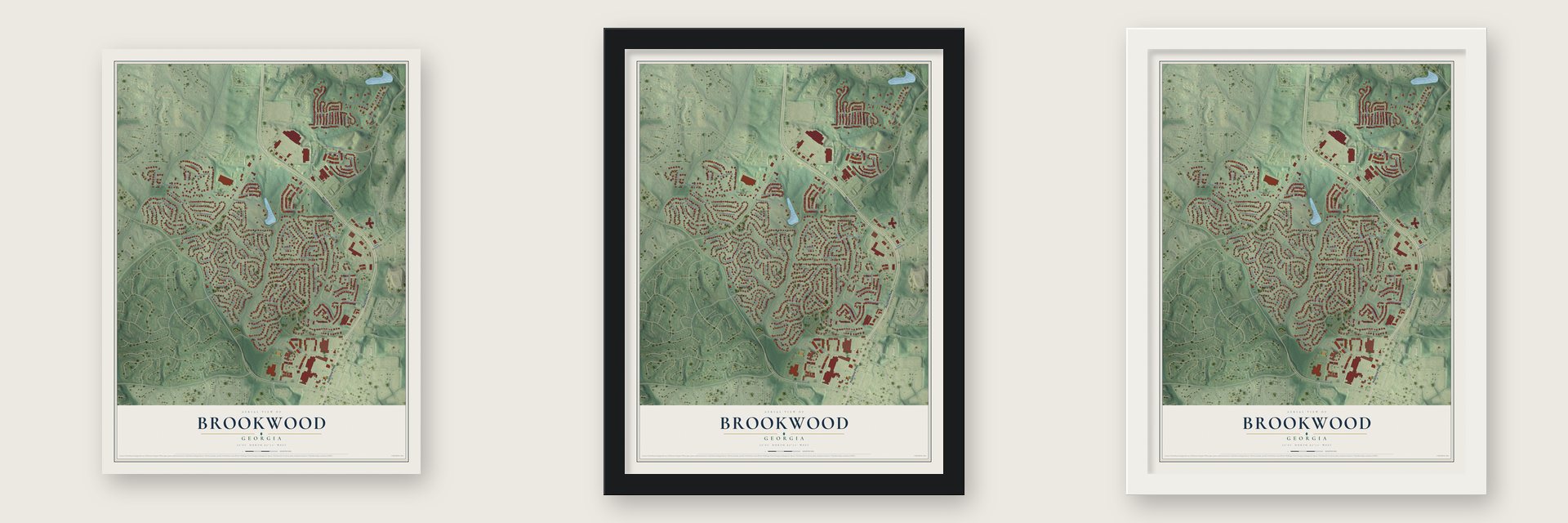 Brookwood, Forsyth County, Georgia map unframed, in a black wood frame and in a white wood frame