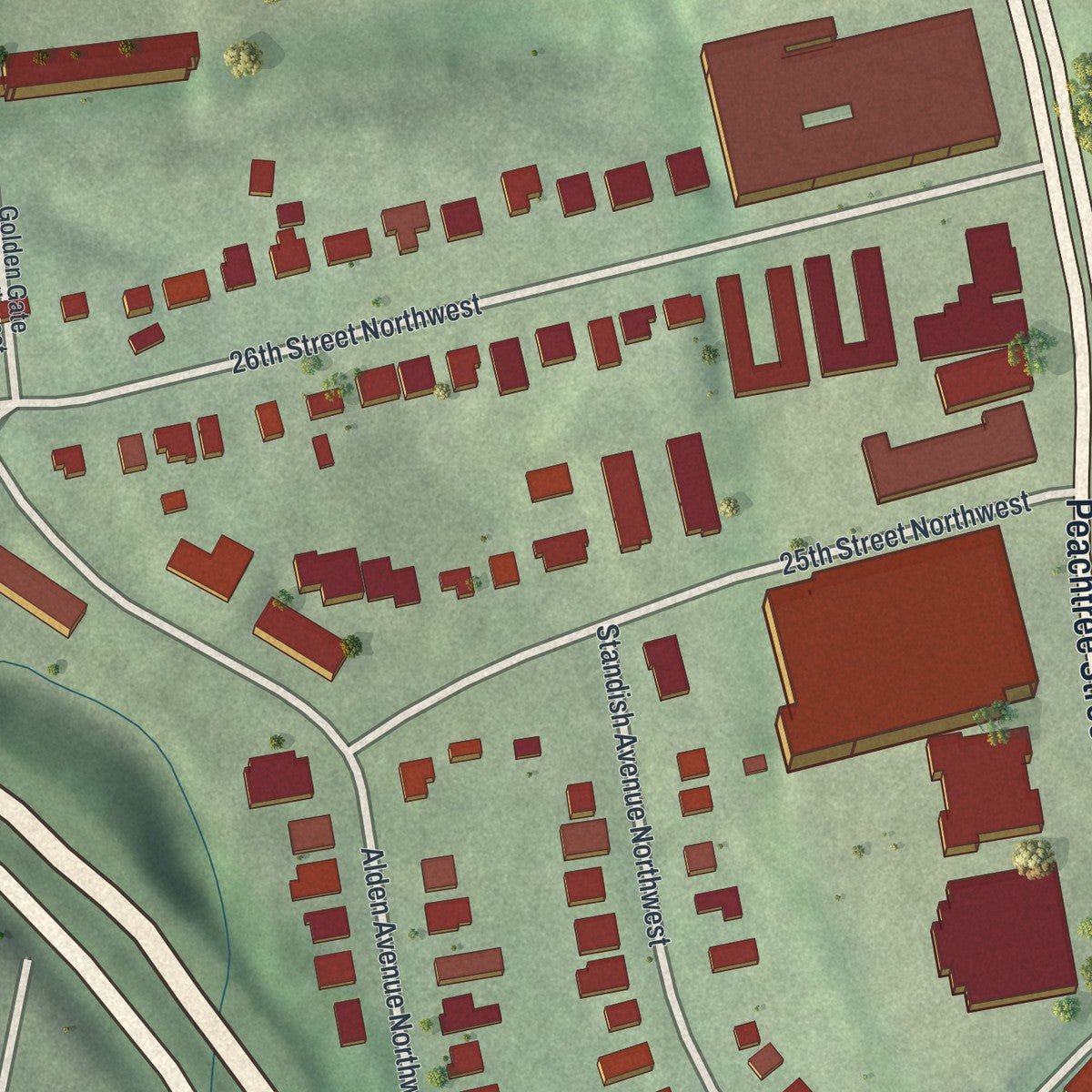 Second close-up of the map of Brookwood, Georgia print showing more streets and buildings