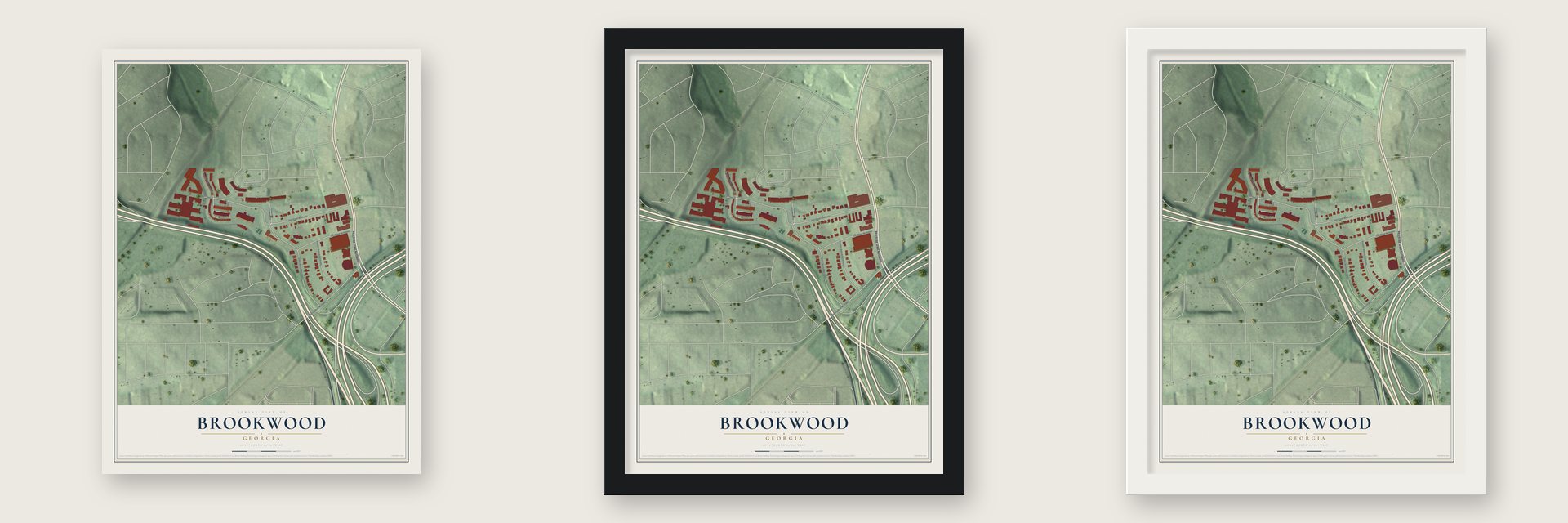 Brookwood, Georgia map unframed, in a black wood frame and in a white wood frame